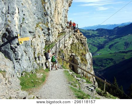 Äscher Cliff Or Äscher-felsen (aescher-felsen Or Ascher-felsen) In The Alpstein Mountain Range And I