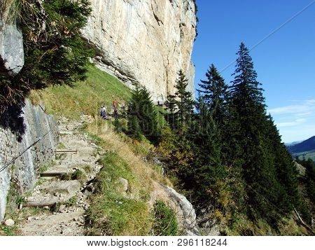 Äscher Cliff Or Äscher-felsen (aescher-felsen Or Ascher-felsen) In The Alpstein Mountain Range And I