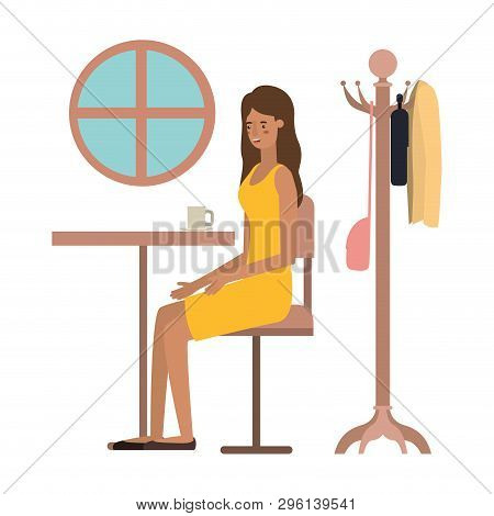 Woman Drinking Coffee In The Dining Room Vector Illustration Design