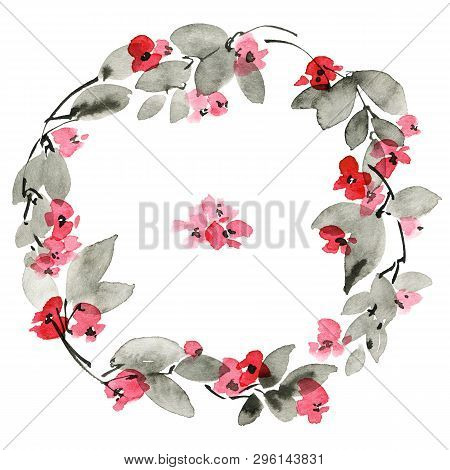 Watercolor And Ink Illustration Of Flowers And Leaves. Decorative Roundframe For Invitation Or Greet
