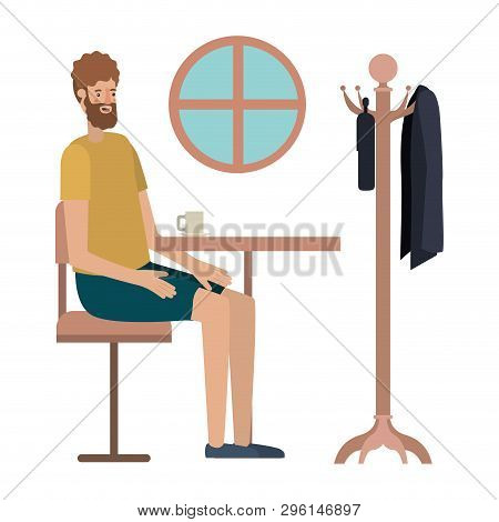 Man Drinking Coffee In The Dining Room Vector Illustration Design