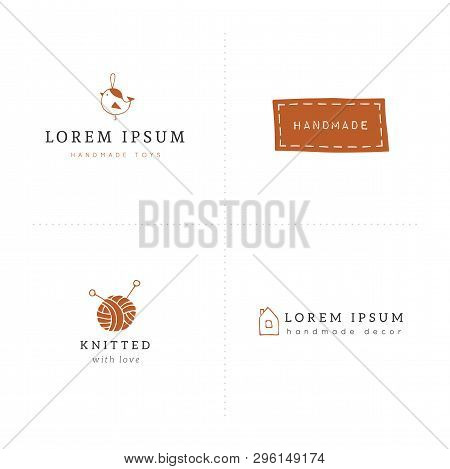 Vector Premade Colored Logo Templates. Hand Drawn Isolated Elements On Handmade Theme. For Business 