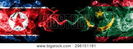 North Korea Vs Mauritania, Mauritanian Smoky Mystic Flags Placed Side By Side. Thick Colored Silky S