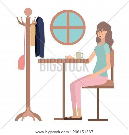 Woman Drinking Coffee In The Dining Room Vector Illustration Design
