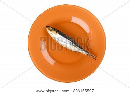 Cold Smoked Baltic Herring On An Orange Plate Isolated On White Background. Smoked Baltic Herring Sm