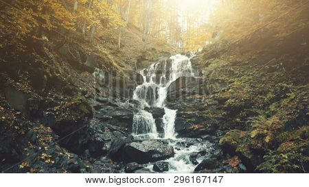 Epic Autumn Wood Mountain Foam Waterfall Stream . Forest River Flow Wild Nature Golden Tree Scenery. Idyllic Waterfall Natural Scene Unpolluted Environment Clean Ecology