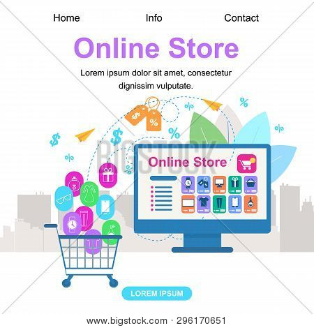 Square Banner With Copy Space. Online Store. Shopcart Trolley With Buys Icons Stand Near Large Pc Co