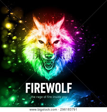 Head Of Aggressive Woolf In Fire And Sparks. Concept Image Of A Rainbow Color Wolf And Flame On A Bl