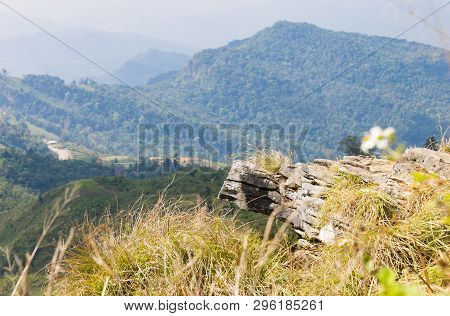 Stone Or Rock Landscape On Phu Chi Fa Forest Park View Point With Mountain And Sky Low Angle. Landsc