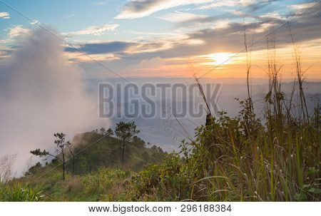 Phu Nom At Phu Langka National Park With Sunset And Fog On Sky. Phu Nom At Phu Langka National Park 