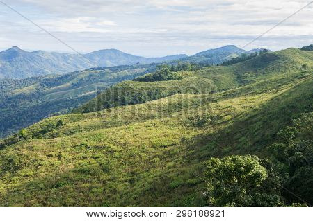 3 Green Tree Mountain With Warm Sun Light And Blue Sky Cloud At Phu Langka National Park Zoom. Green