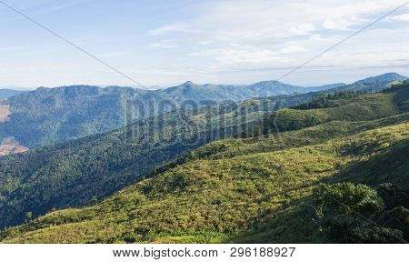 3 Green Tree Mountain With Warm Sun Light And Blue Sky Cloud At Phu Langka National Park Zoom. Green
