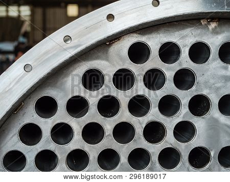 Detail Of Industrial Heat Exchanger, A Shell And Tube Condenser, Made From Stainless Steel.