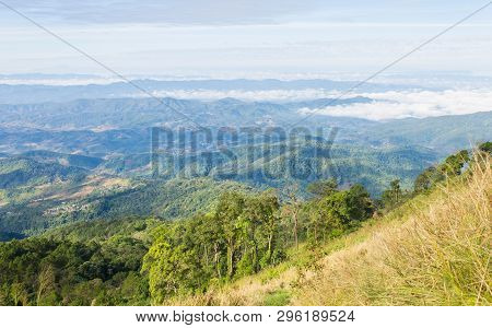 Grass Field On Mountain With Sky And Cloud At Phu Langka National Park Phayao Thailand. Landscape Mo
