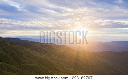 Landscape Mountain Sunrise Cloud Blue Sky At Phu Langka National Park Phayao Thailand. Sunrise And G