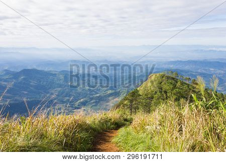 Phu Nom With Landscape Mountain Sky At Phu Langka National Park Phayao Thailand Wide Right. Phu Lang