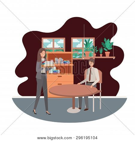Couple Business In The Room With View The Landscape Vector Illustration Desing
