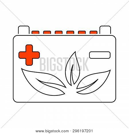 Car Battery With Leaf Icon. Thin Line With Red Fill Design. Vector Illustration.
