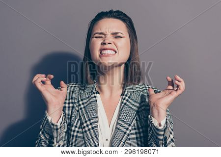 Close Up Photo Portrait Of Un-happy Sad Upset Grimacing Screaming Shouting Gesturing Fingers Trying 
