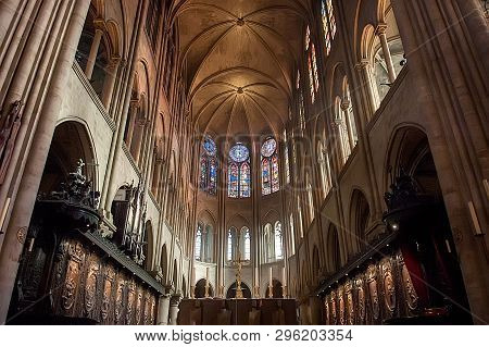 Paris, France - November 4, 2012: Transept Ceiling Of The Gothic Cathedral Notre Dame De Paris. Sele