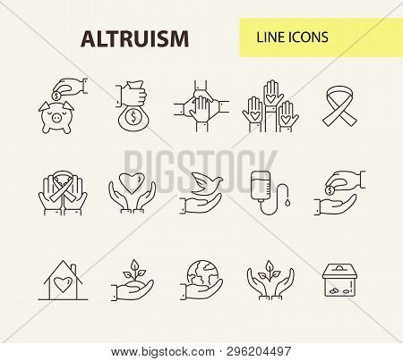 Altruism Icons. Line Icons Collection On White Background. Charity, Blood Donation, Charity Box. Don