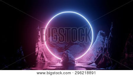 3d Rendering Illustration. Hoop Or Circle, Purple And Red Neon Lights On The Background Of Rocks And