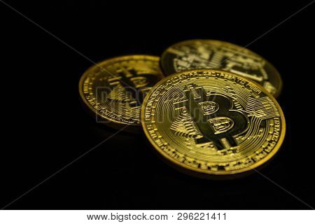 Golden Bitcoin On A Black Background, Money