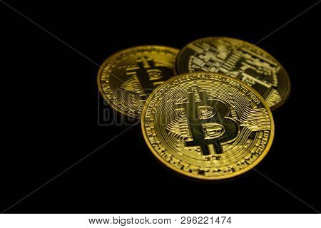Golden Bitcoin On A Black Background, Money