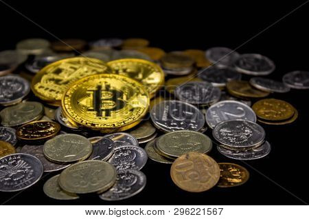 Golden Bitcoin On A Black Background, Money