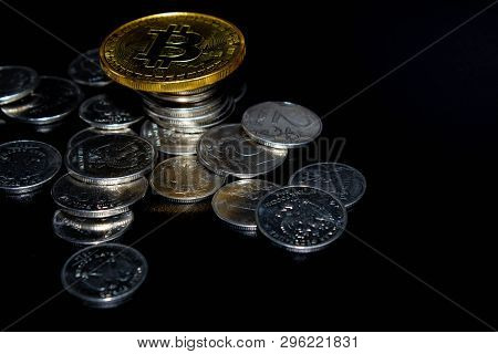 Golden Bitcoin On A Black Background, Money