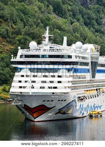 Geiranger, Norway - July 17, 2017: The Cruise Ship Aidabella Of The Shipping Company Aida Cruises Ha