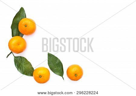 Orange Tangerines With Green Leaves On White Isolated Background. Copy Space. For Your Text. Nobody.