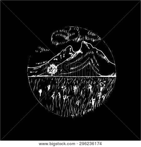Gradient Illustration With A Landscape - Meadow, Tree, Mountains, Beautiful Sky. Chalk On A Blackboa