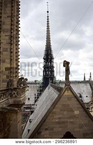 Notre Dame Spire, La Fleche, And Lead Clad Wooden Roofs Before The Fire. View Of The Apostles, Angel
