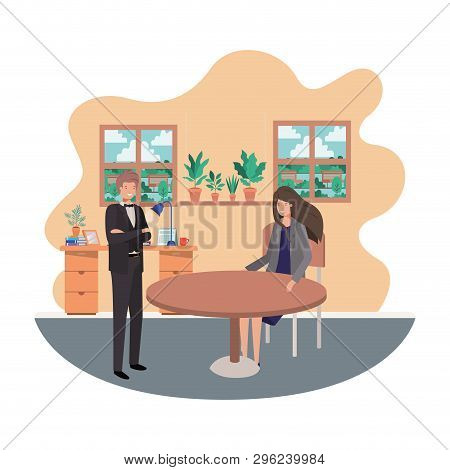 Couple Business In The Room With View The Landscape Vector Illustration Desing