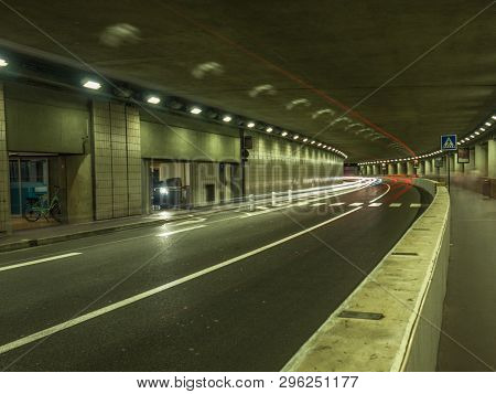 A Long Exposure Photo Of The Larvotto Tunnel In Monaco.