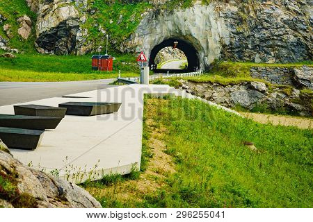 Road With Old Tunnel In Green Summer Mountains, Norway. National Tourist Andoya Route.