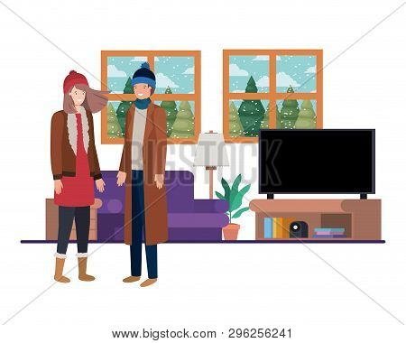 Couple Living Room With View The Landscape By Window Vector Illustration Desing