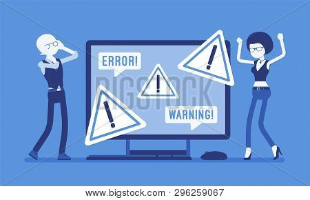 Pc Error, Warnings For Users. Angry Male, Female Clients At Monitor Indicating Hazard, Attention Sym