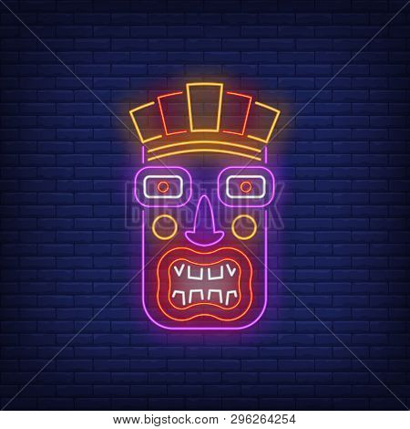 Terrible Tiki Idol Neon Sign. Tribal Mask, Ancient Culture Design. Night Bright Neon Sign, Colorful 