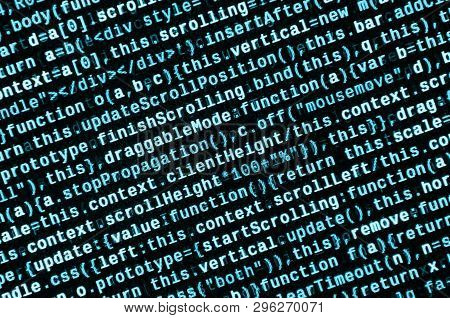 Javascript Code In Text Editor. Coding Cyberspace Concept. Screen Of Web Developing Code