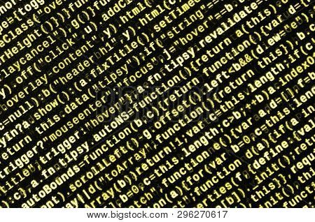 Javascript Code In Text Editor. Coding Cyberspace Concept. Screen Of Web Developing Code