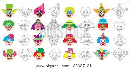 Set Of Faces Of Clown, Coloring Book. Vector Illustration.
