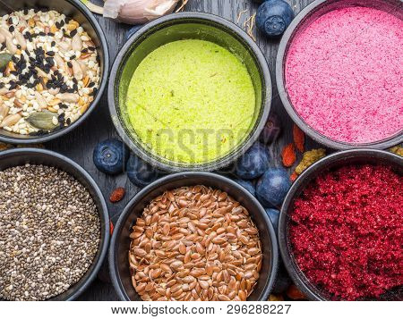 Various Colorful Superfood Powders, Cleasing And Detox Concept