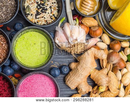 Various Colorful Superfood Powders, Cleasing And Detox Concept