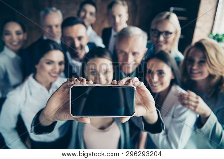 Close Up Blurry Photo Business People Different Age Race Free Time Excited Team Building Hug Embrace