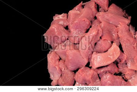 Meat On Blackboard. Sliced Pork. Minced Fillet Of Red Meat. Billets For Barbecue Or Kebab. Cut Meat.