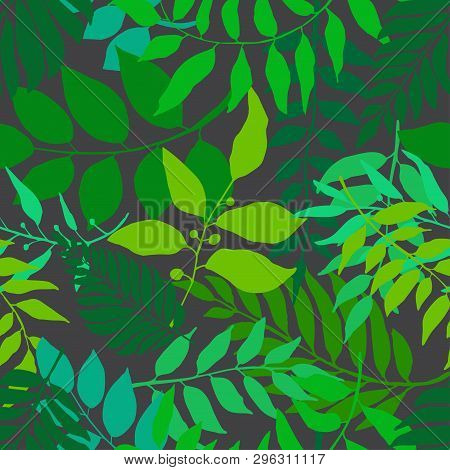 Bright Green Seamless Background With Fresh Leaves. Various Foliage Repetitive Pattern. Vector Illus