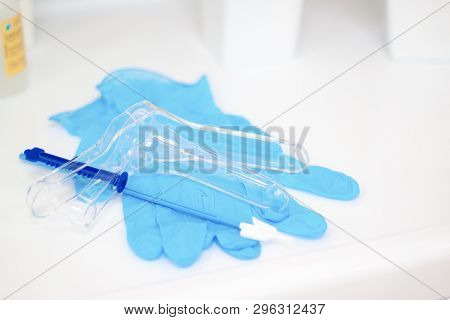 Medicine Instrument Vaginal Speculum, Vaginoscope, Gloves Gynecologist Doctor And Other Medical Equi