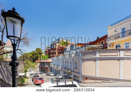 Tbilisi, Georgia - May 01, 2017. Tiflis Metekhi Hotel  In Old Part Of Town. Old Fashioned Building W
